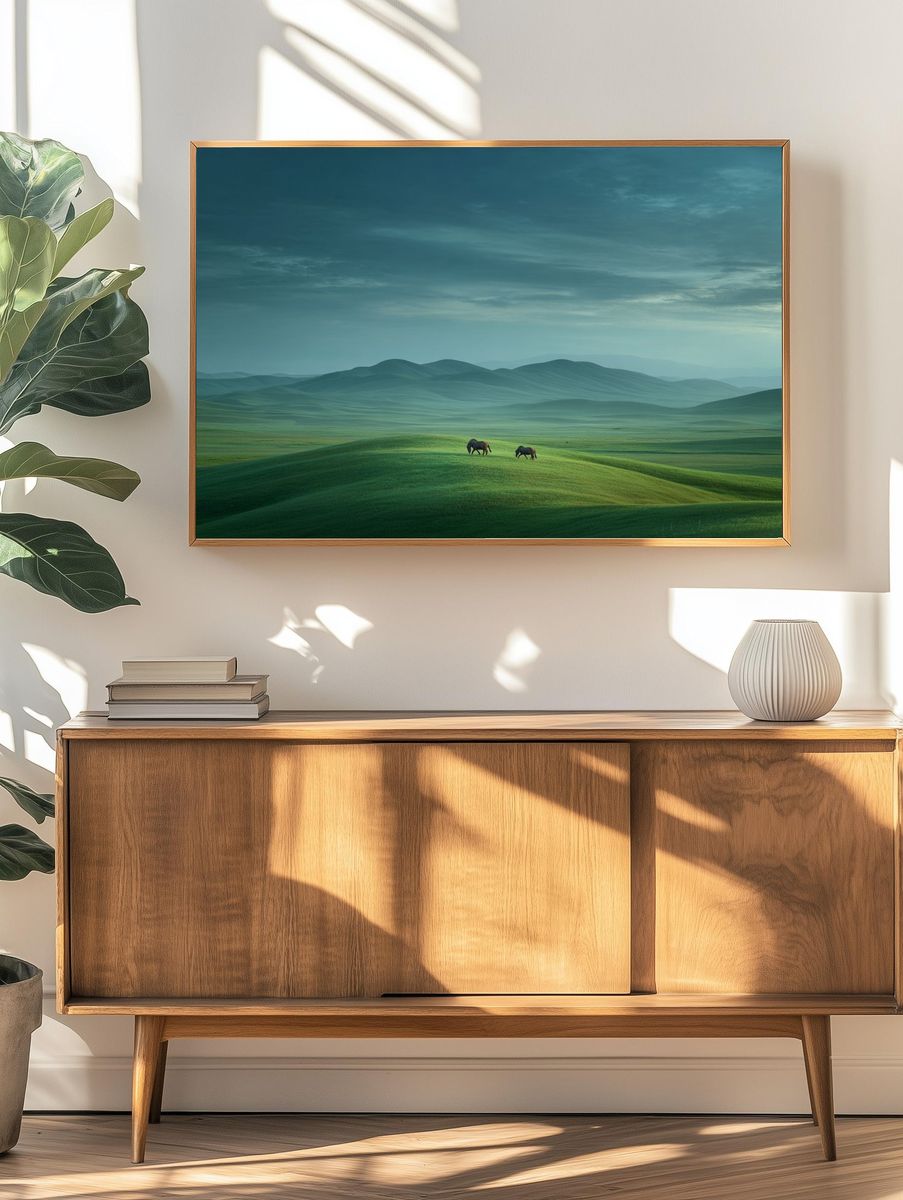 Misty Green Hills and Horses Poster. — room view 3