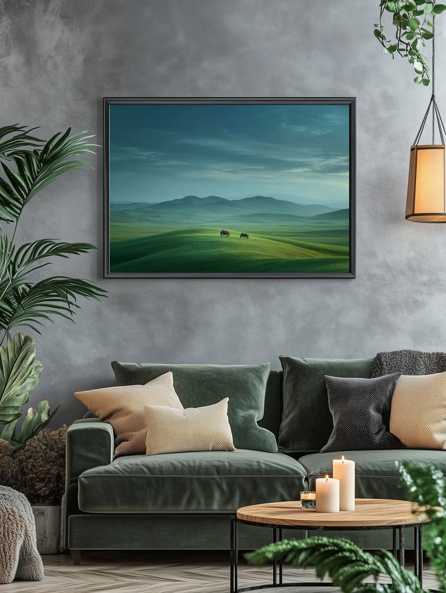 Misty Green Hills and Horses Poster. — room view 4