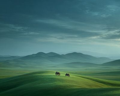 Misty Green Hills and Horses Poster. poster