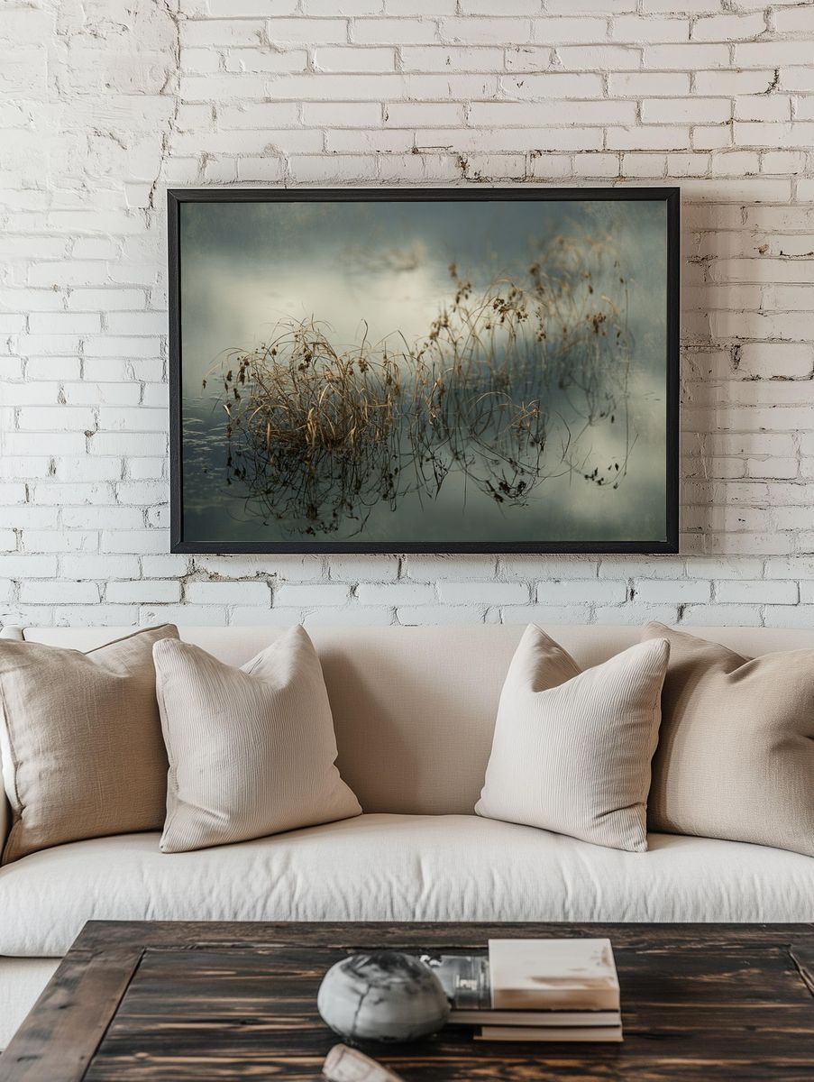 Reeds in Misty Water Photography Poster. room preview