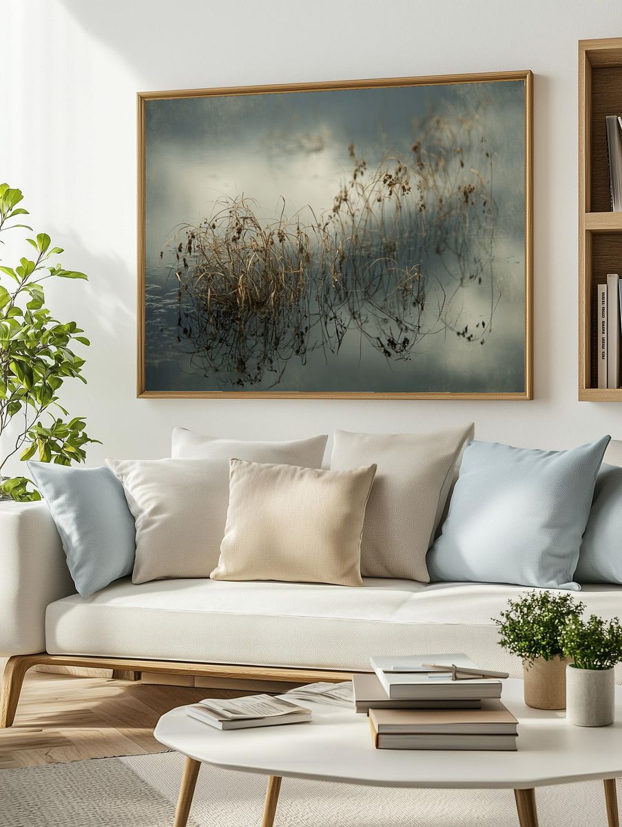 Reeds in Misty Water Photography Poster. — room view 2
