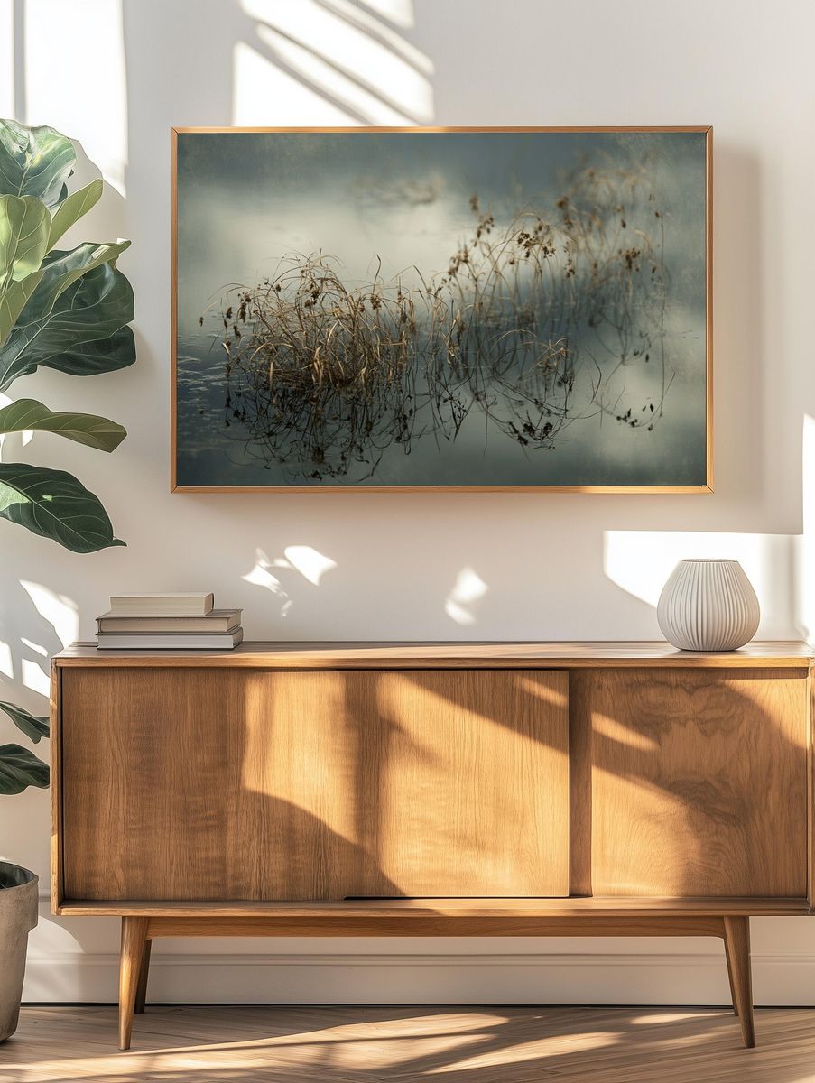 Reeds in Misty Water Photography Poster. — room view 3