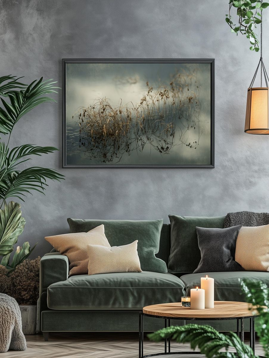 Reeds in Misty Water Photography Poster. — room view 4