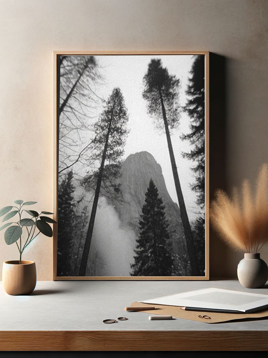 Misty Pine Forest Black-White Poster. — room view 2
