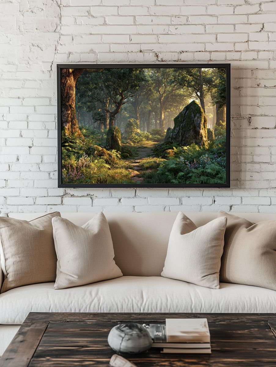 Sunlit Forest Path Poster. room preview