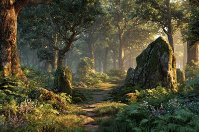 Sunlit Forest Path Poster. poster
