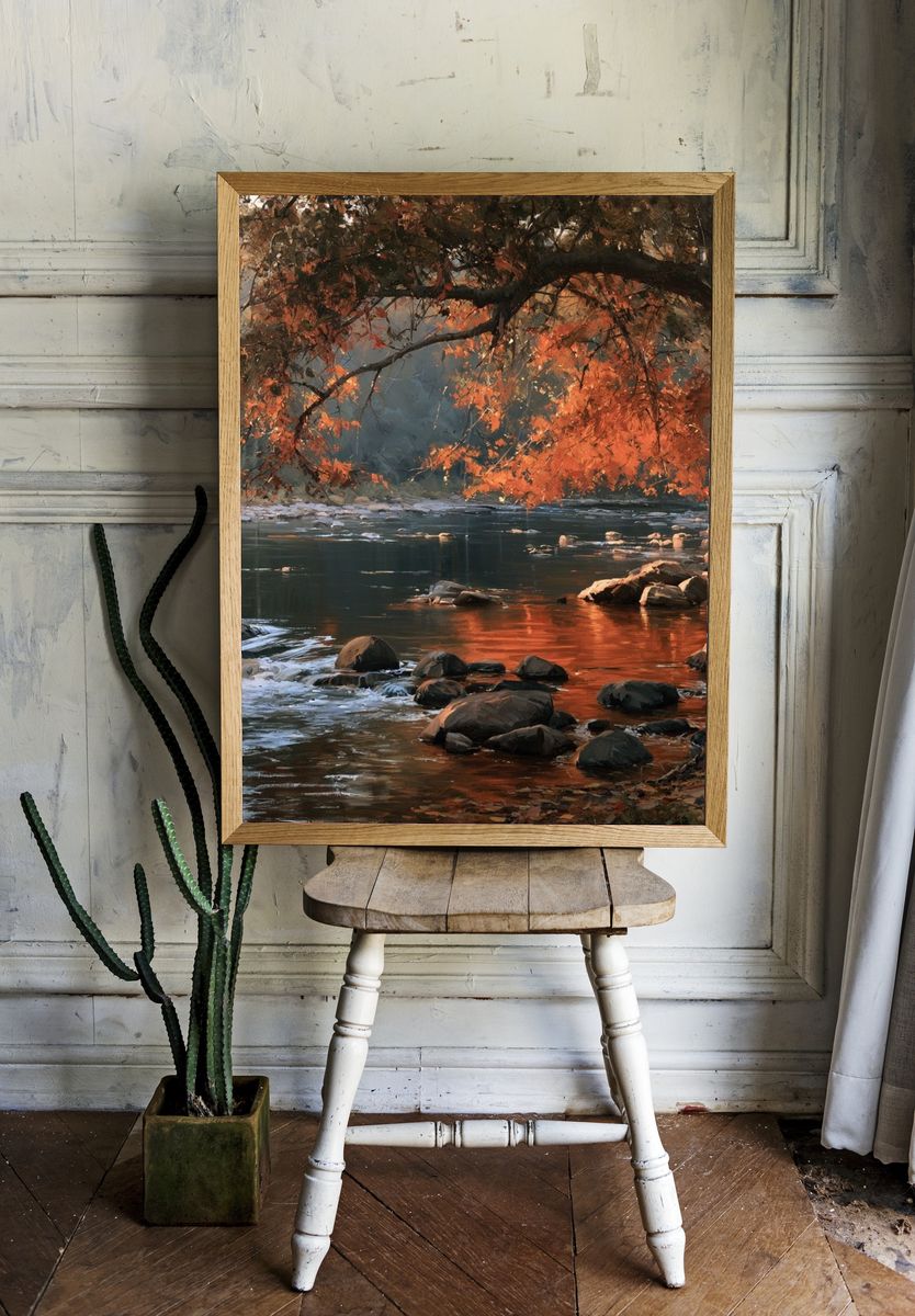 Autumn River Glow Nature Print. room preview