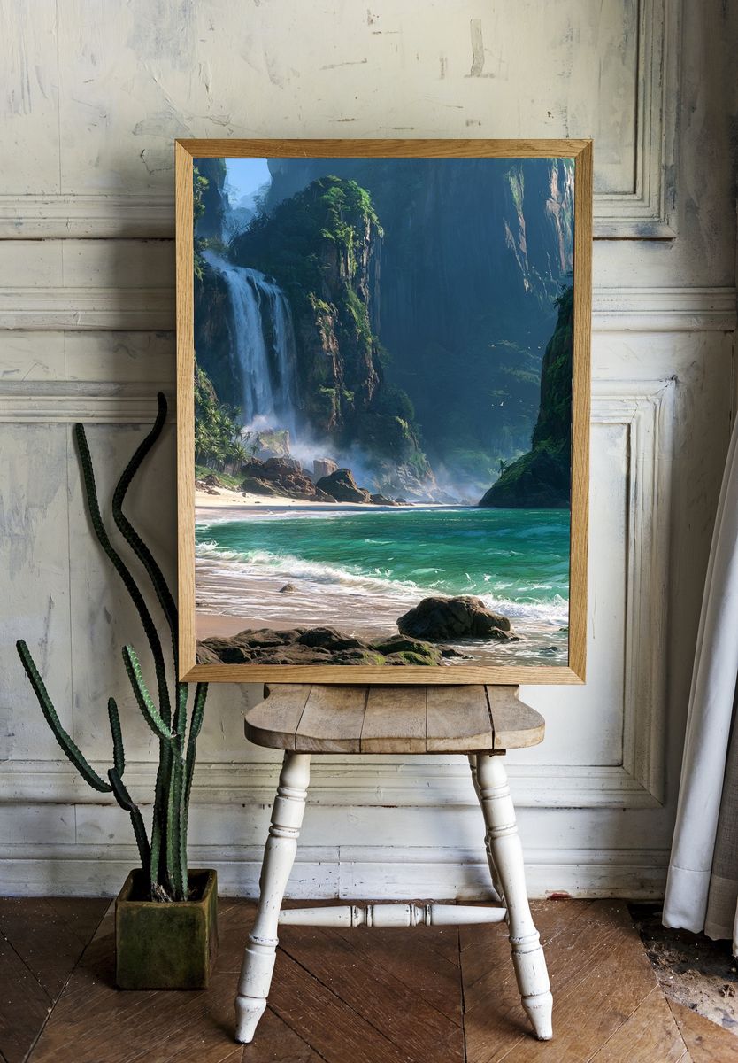 Tropical Waterfall Cove Print. room preview