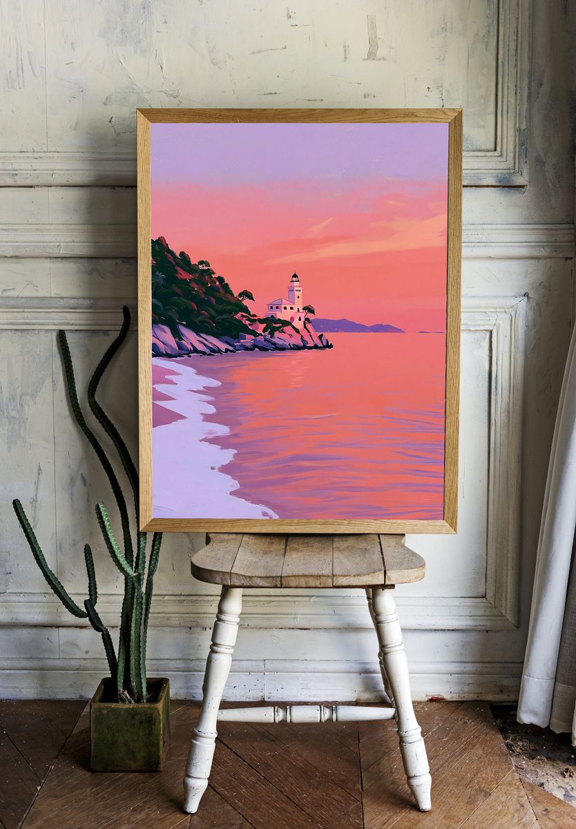 Sunset Lighthouse Coastal Print. room preview