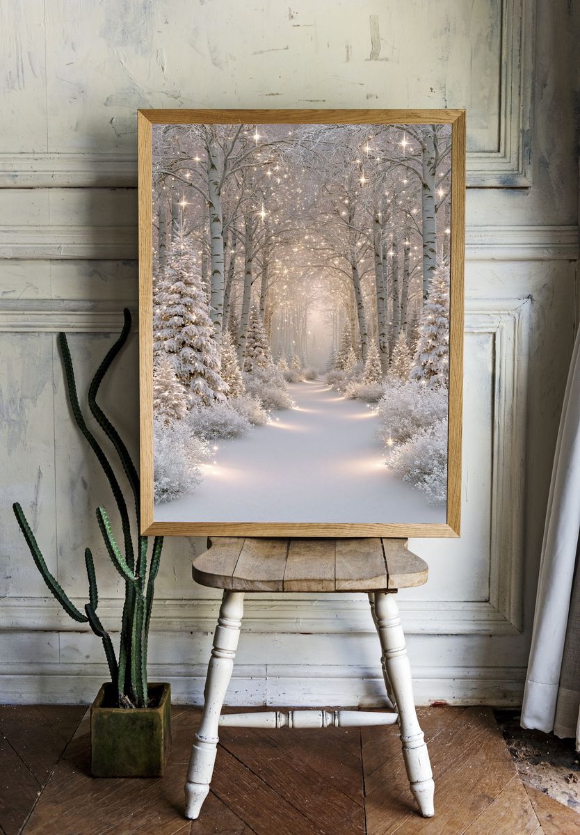 Snowy Birch Forest Glow Poster. — room view 1