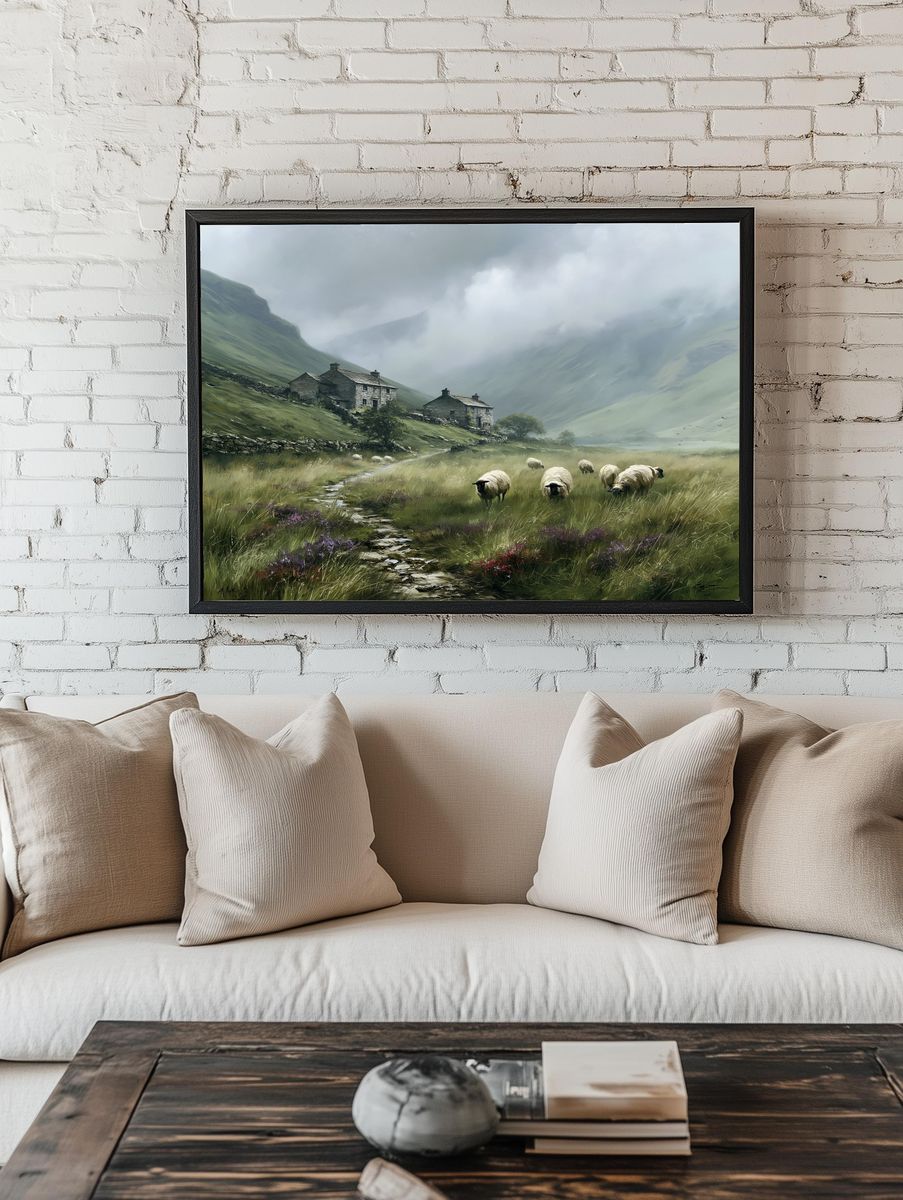Sheep in Misty Valley Landscape Print. room preview