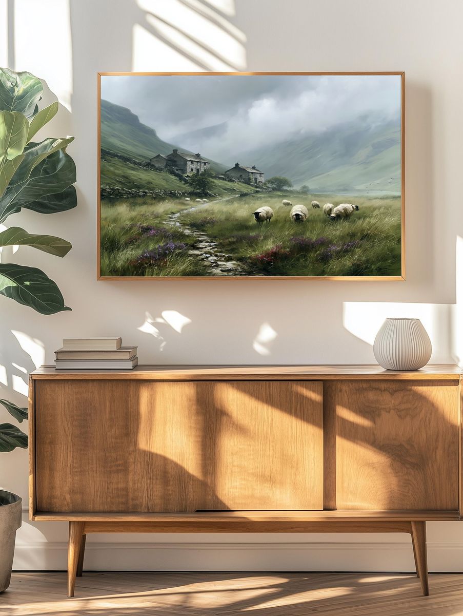 Sheep in Misty Valley Landscape Print. — room view 3