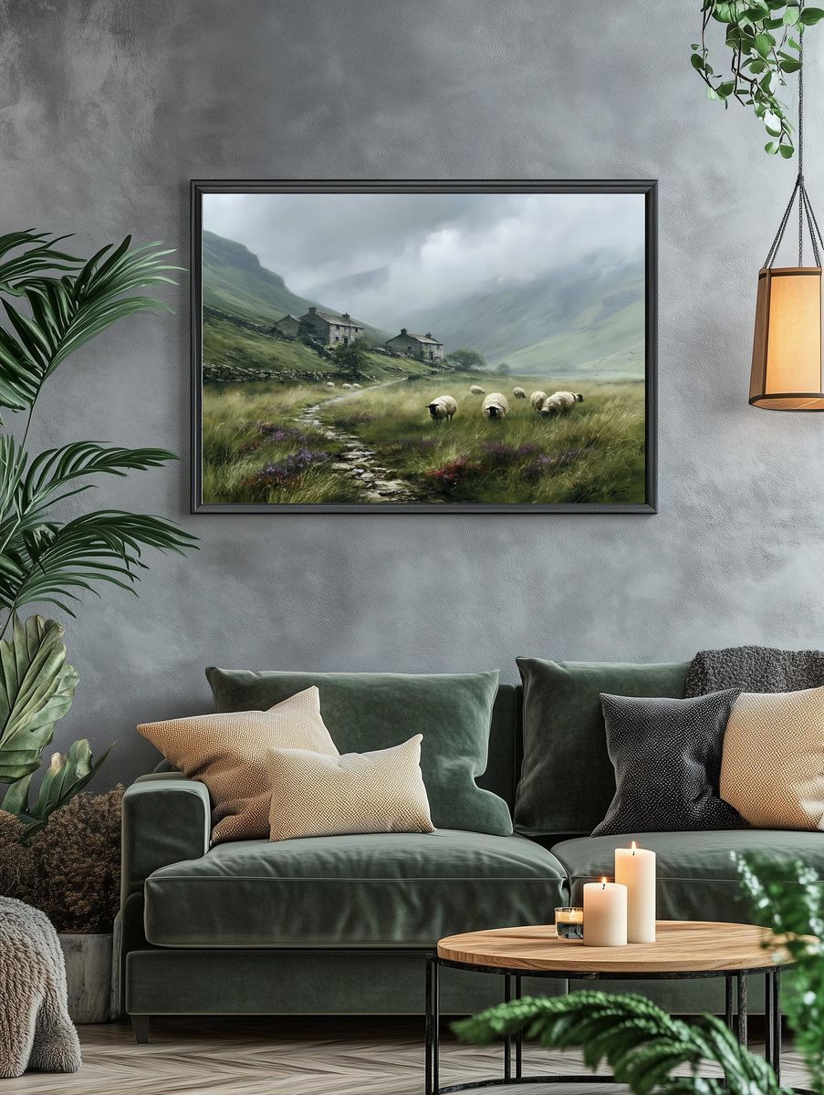 Sheep in Misty Valley Landscape Print. — room view 4