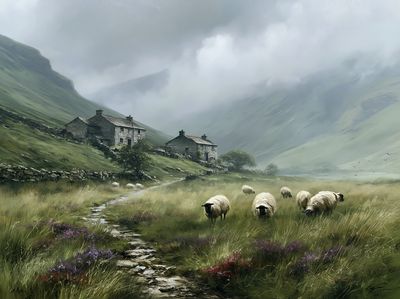 Sheep in Misty Valley Landscape Print.