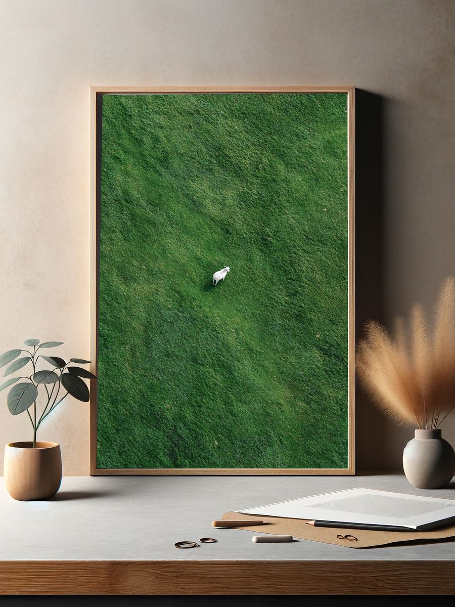 Lone Goat in Green Field Poster. — room view 2