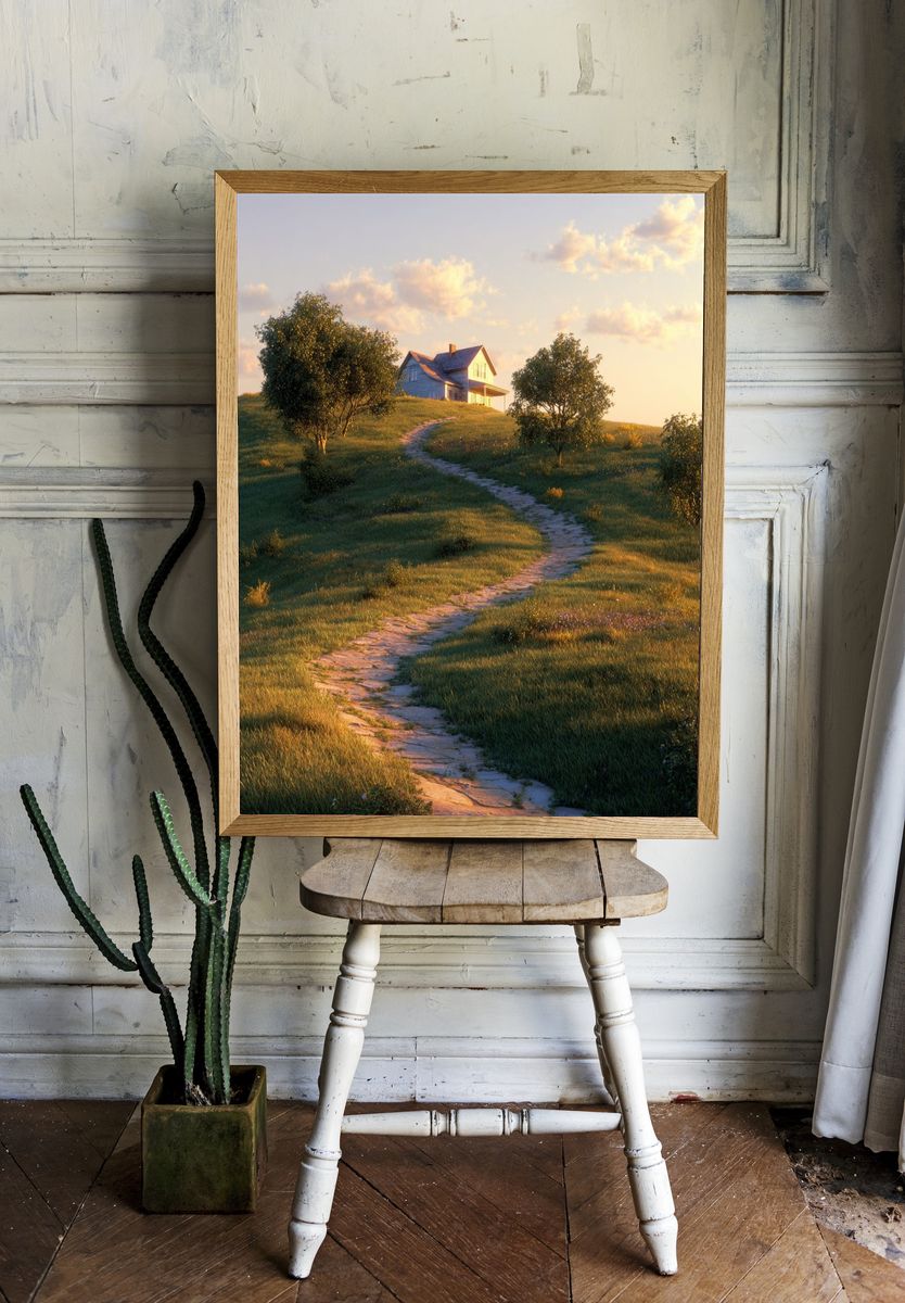 Sunlit Country House Landscape Print. — room view 1