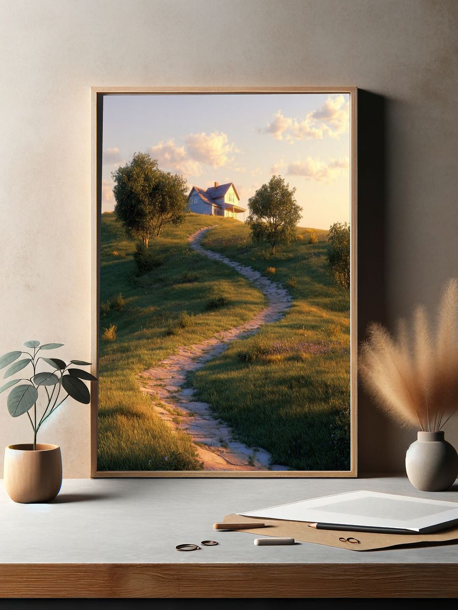 Sunlit Country House Landscape Print. — room view 2
