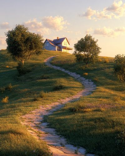 Sunlit Country House Landscape Print. poster