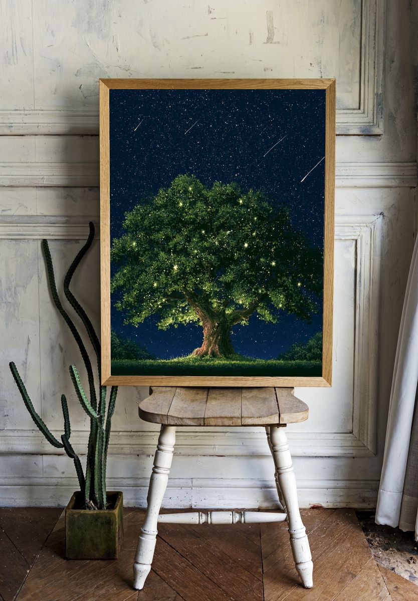 Starlit Tree Nightscape Print. room preview