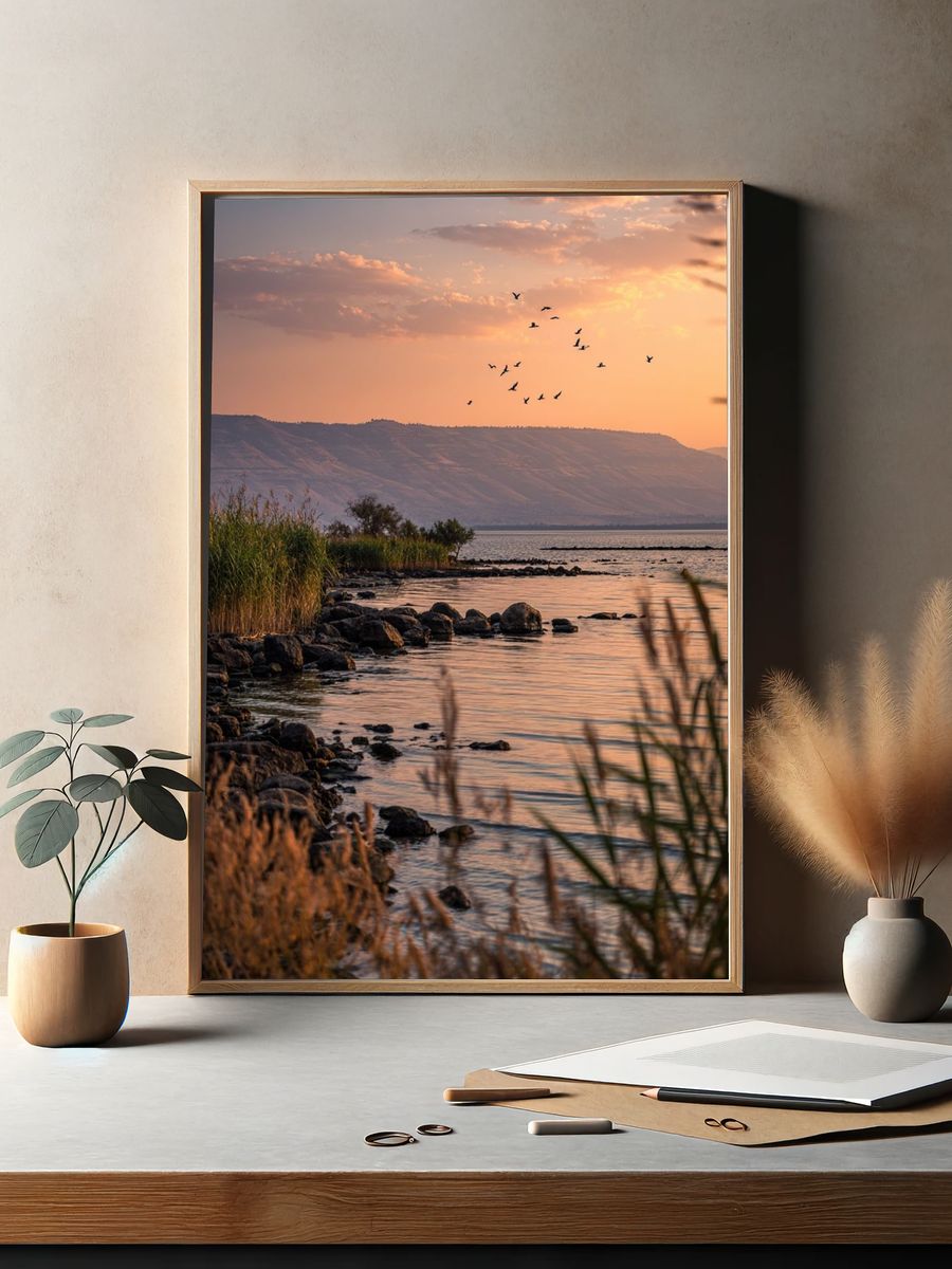 Sunset Lake Birds Photography Poster. — room view 2