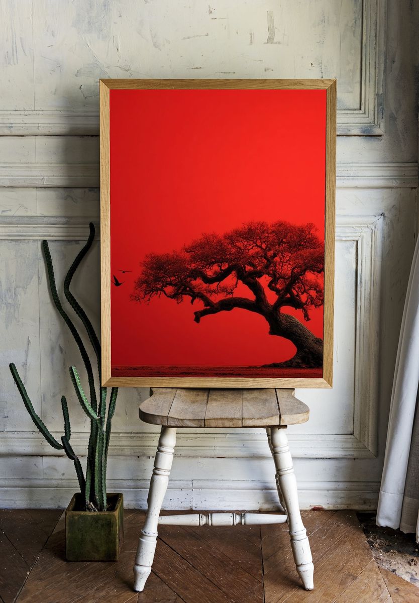 Red Tree Silhouette Nature Print. room preview