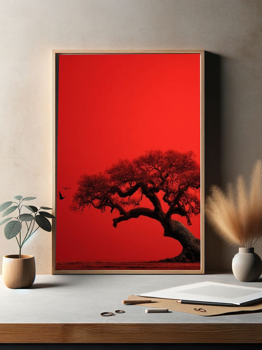 Red Tree Silhouette Nature Print. — room view 2