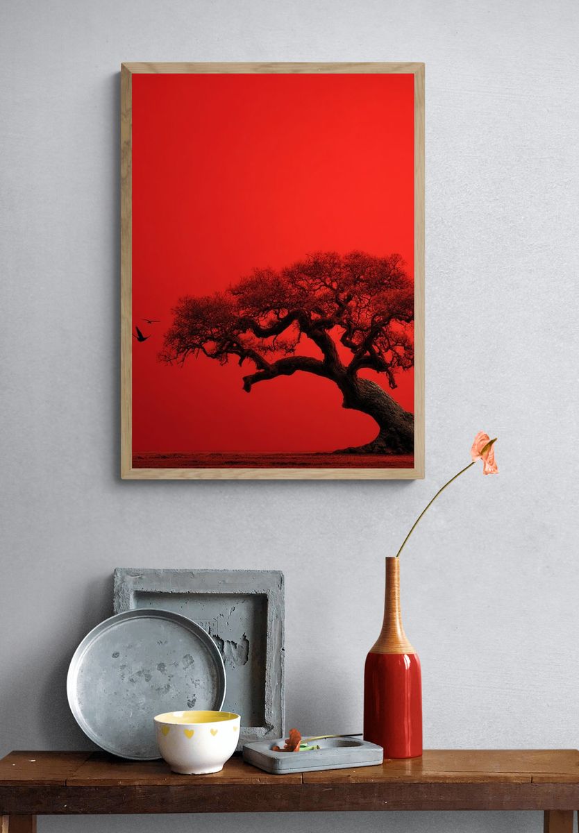 Red Tree Silhouette Nature Print. — room view 3