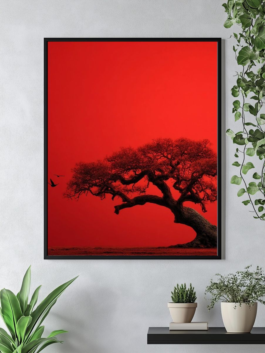 Red Tree Silhouette Nature Print. — room view 4