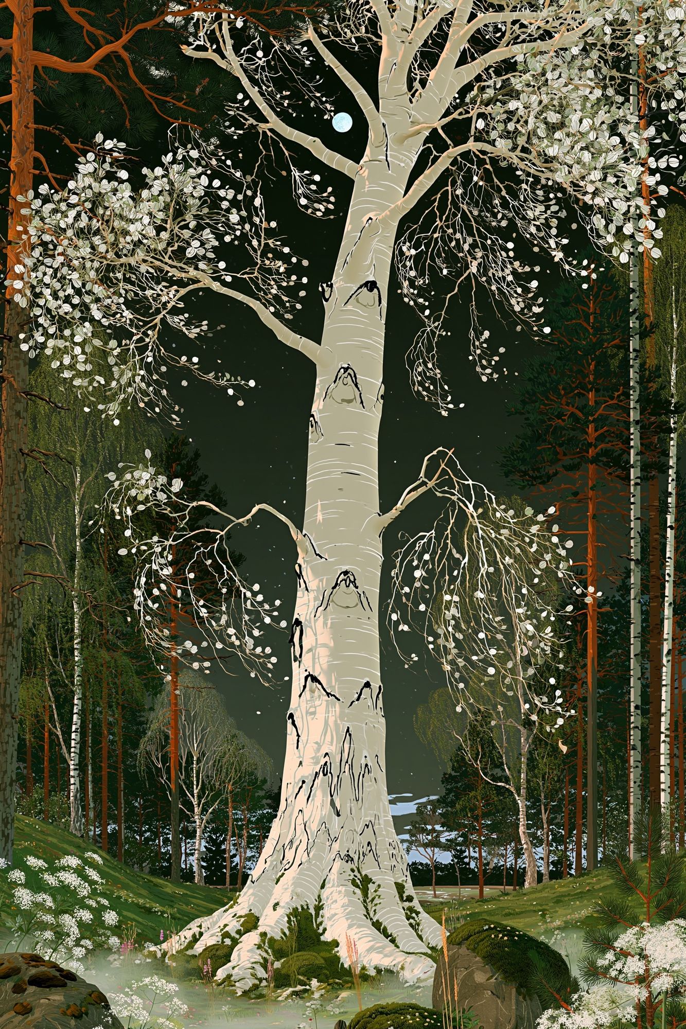 Moonlit Birch Forest Print. poster detail