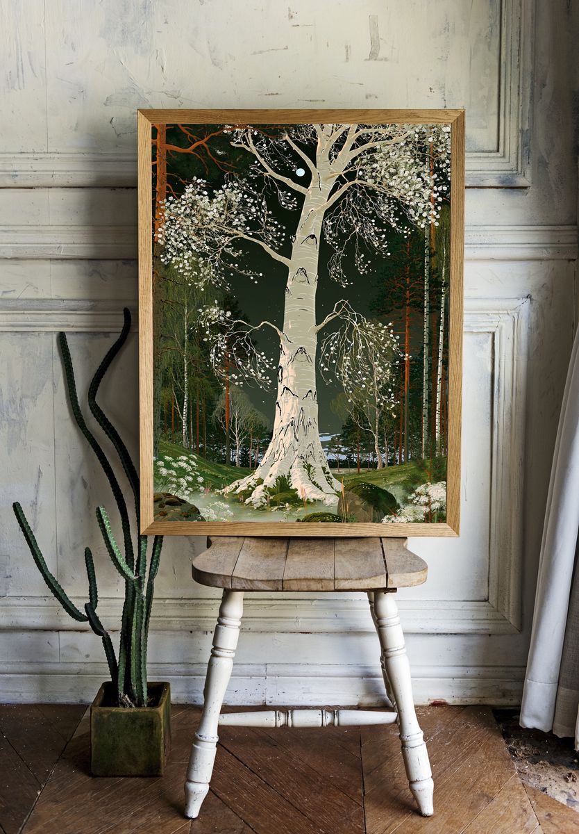 Moonlit Birch Forest Print. — room view 1