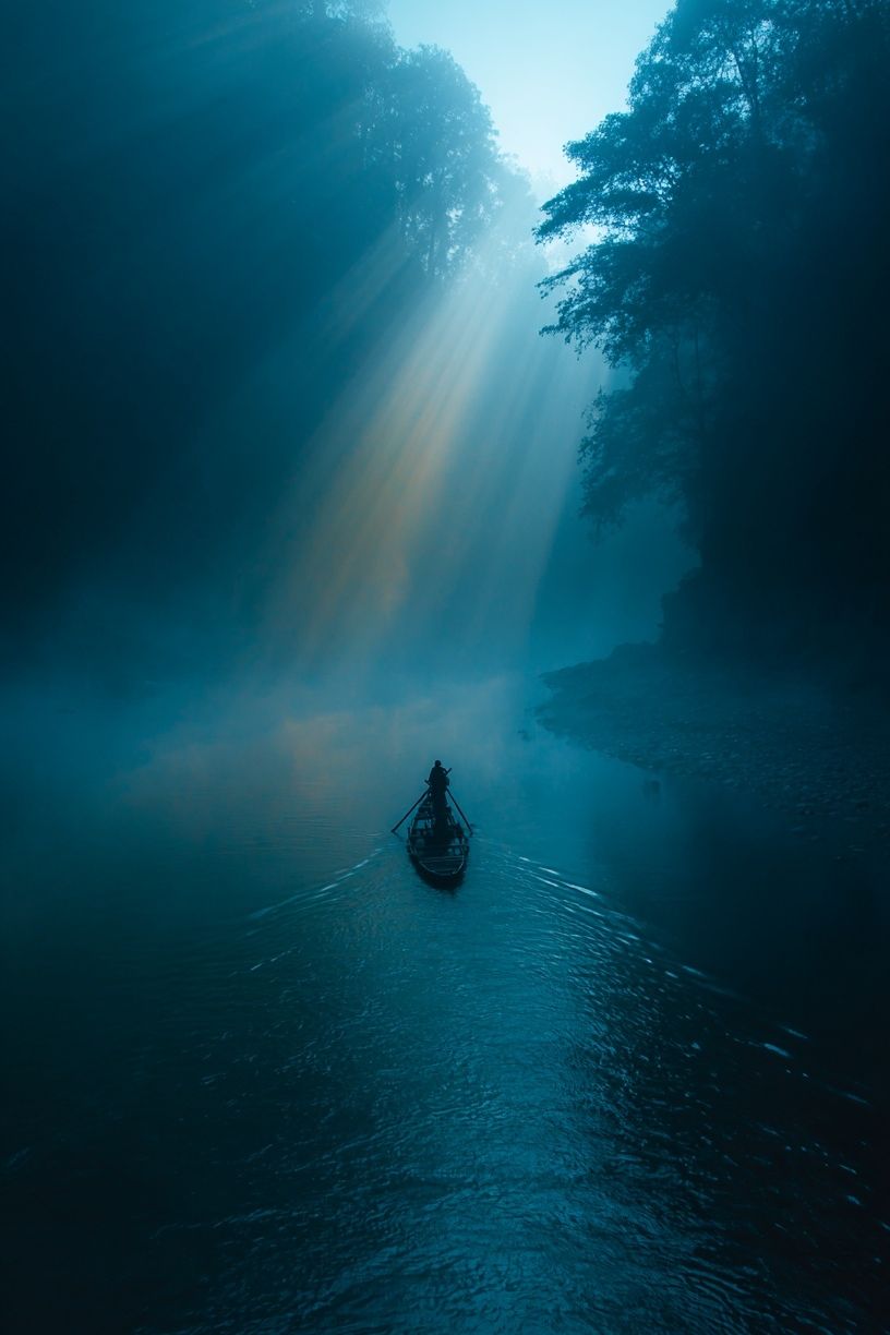 Misty River Boat Sunrise Poster. poster — nature art