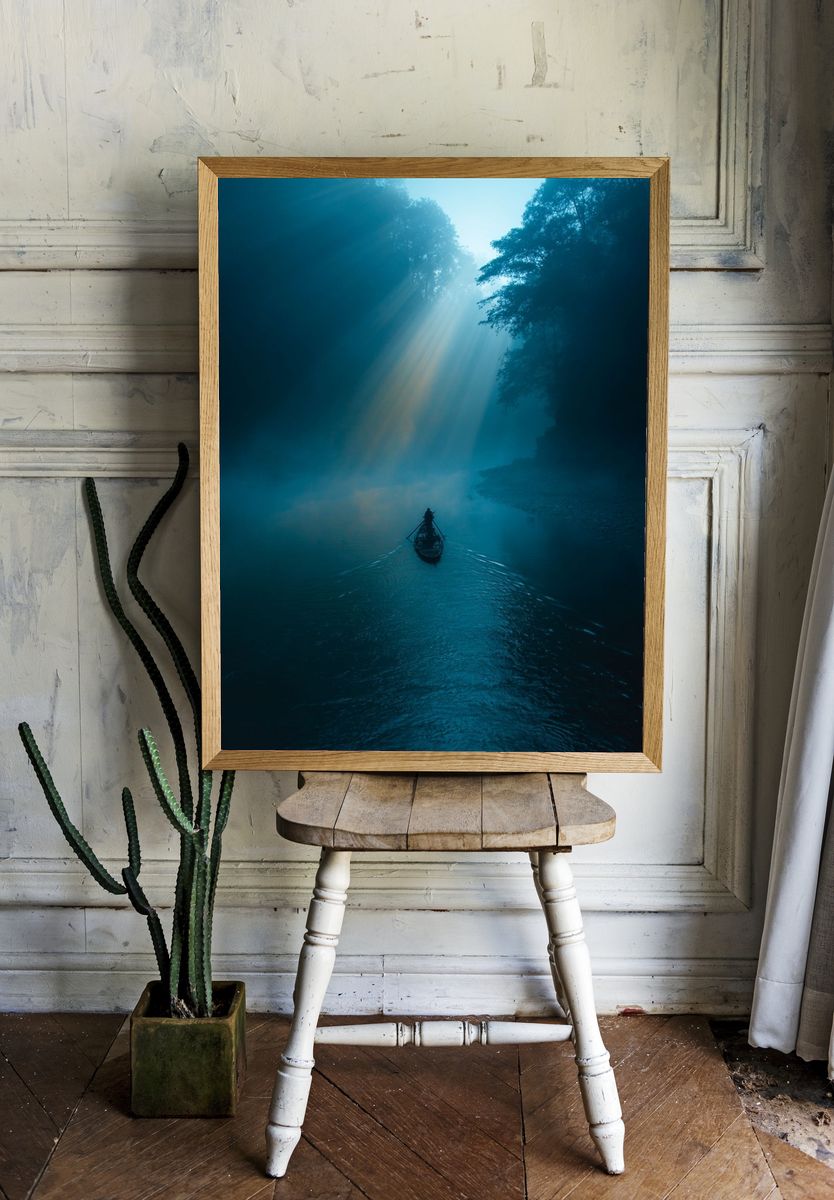 Misty River Boat Sunrise Poster. — room view 1
