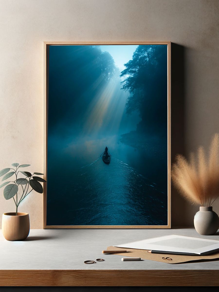 Misty River Boat Sunrise Poster. — room view 2