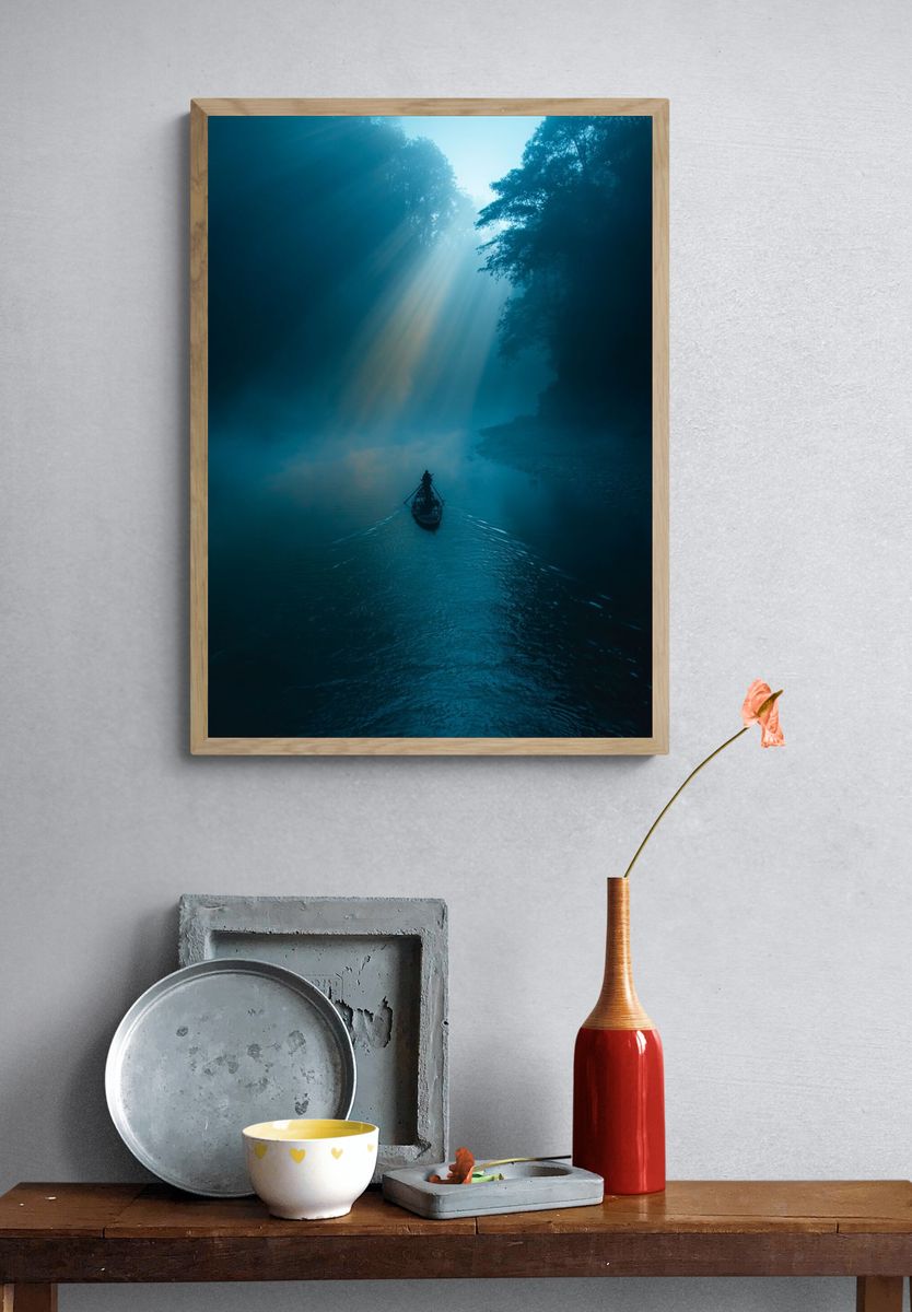 Misty River Boat Sunrise Poster. — room view 3
