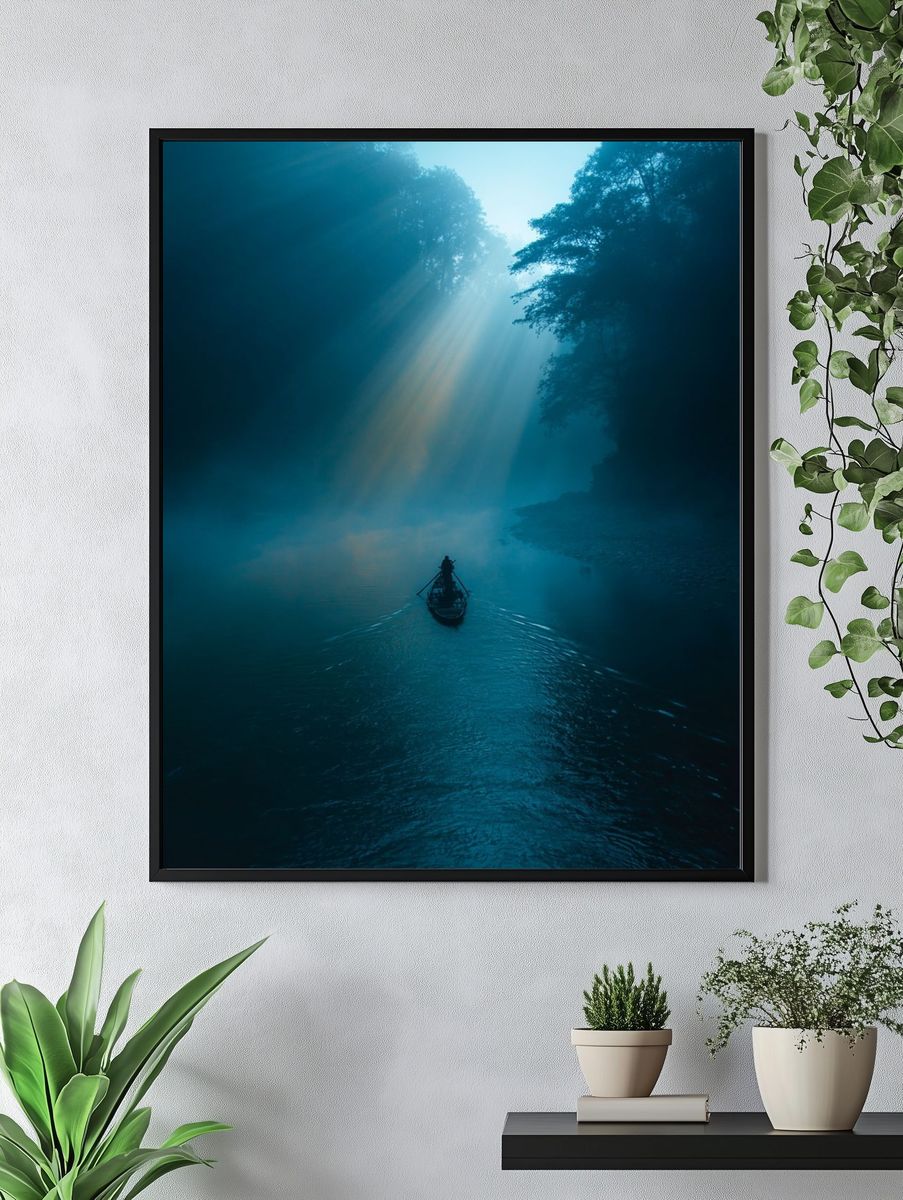 Misty River Boat Sunrise Poster. — room view 4