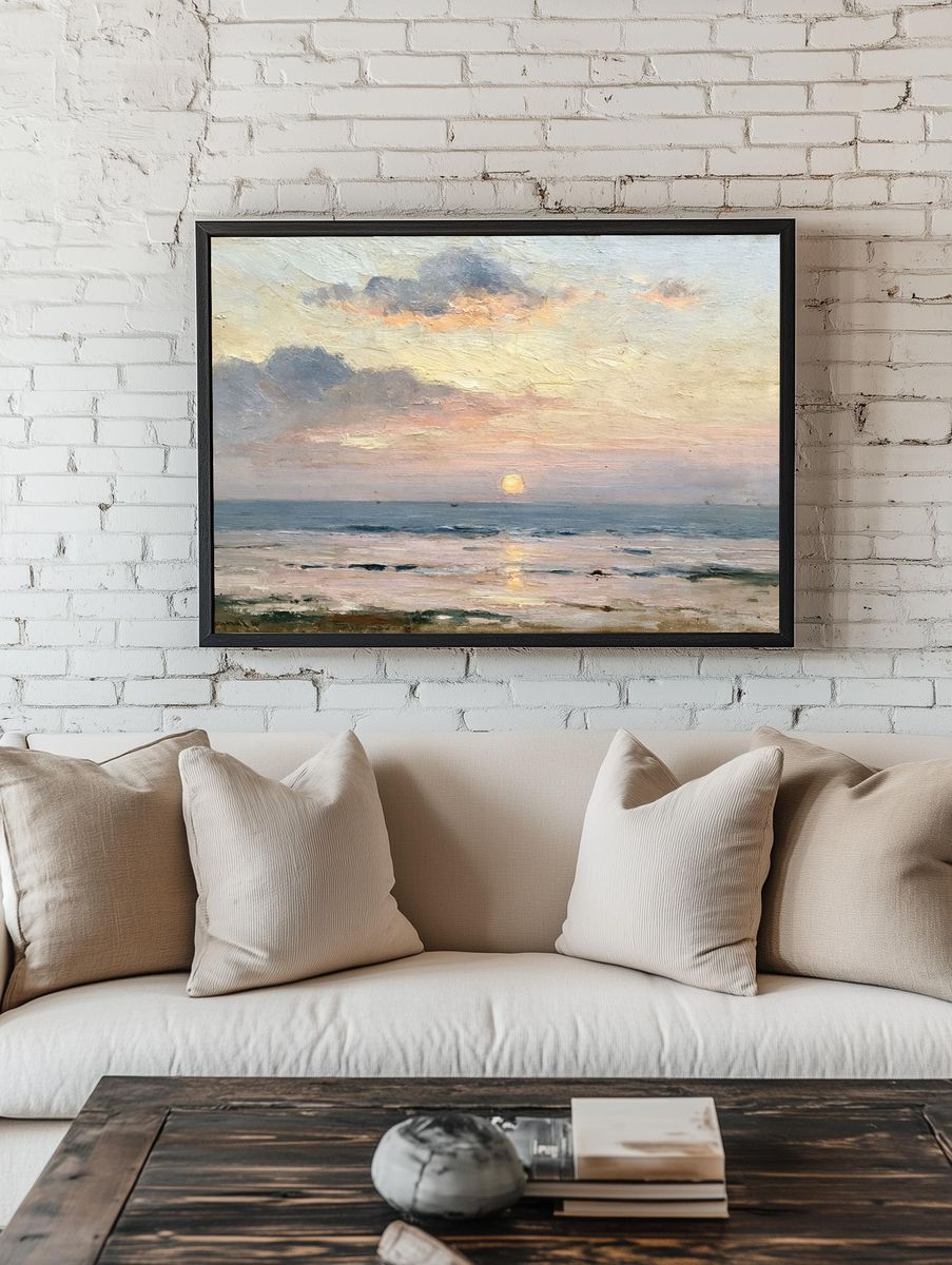 Pastel Seascape Sunset Print. room preview