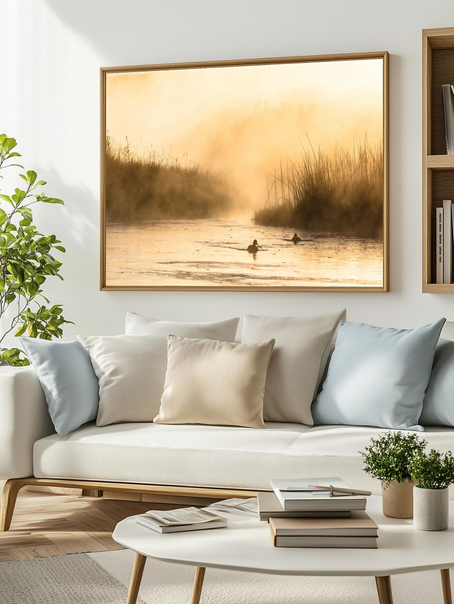 Ducks in Misty Morning Water — Nature Poster. — room view 2