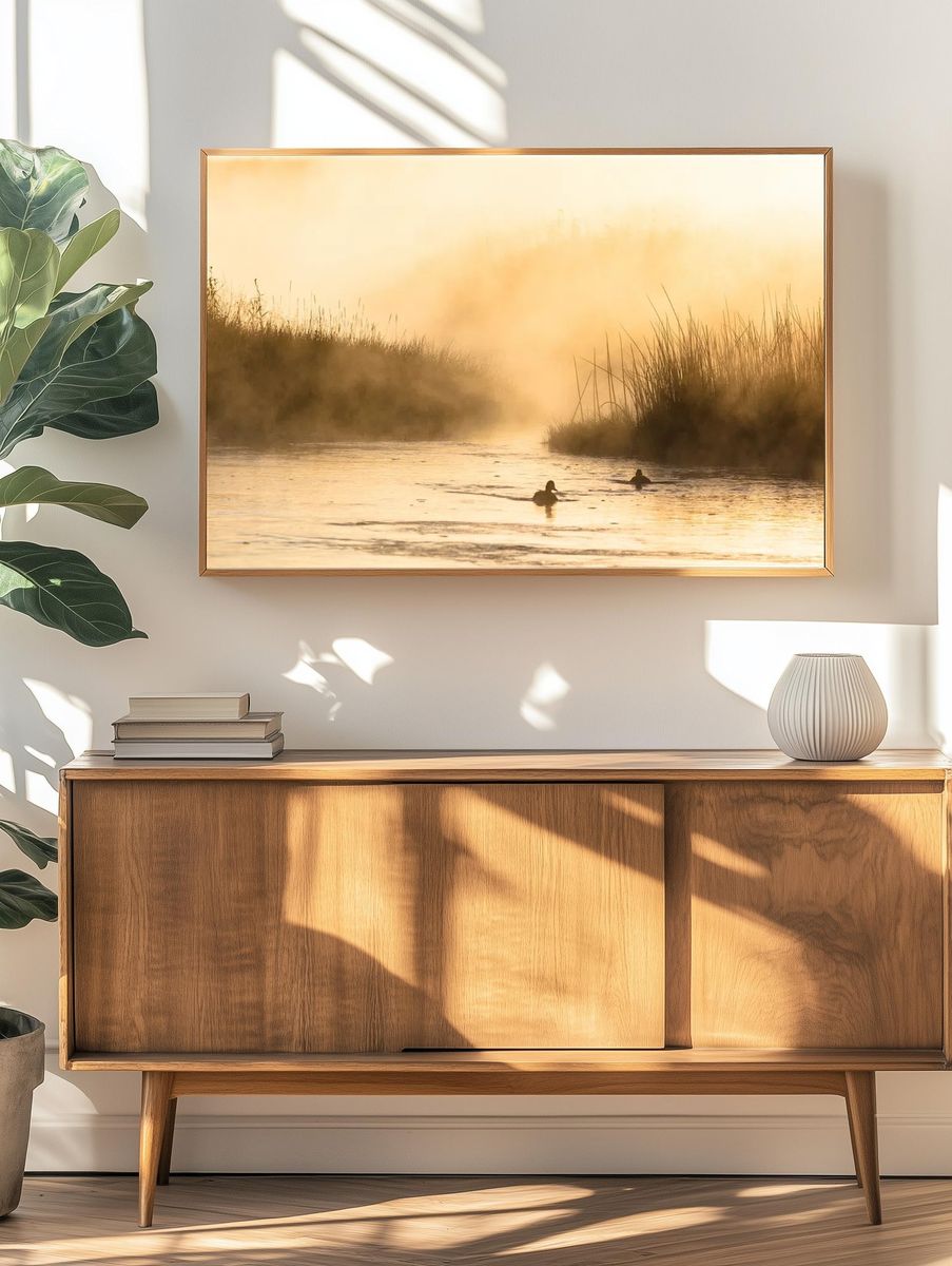 Ducks in Misty Morning Water — Nature Poster. — room view 3