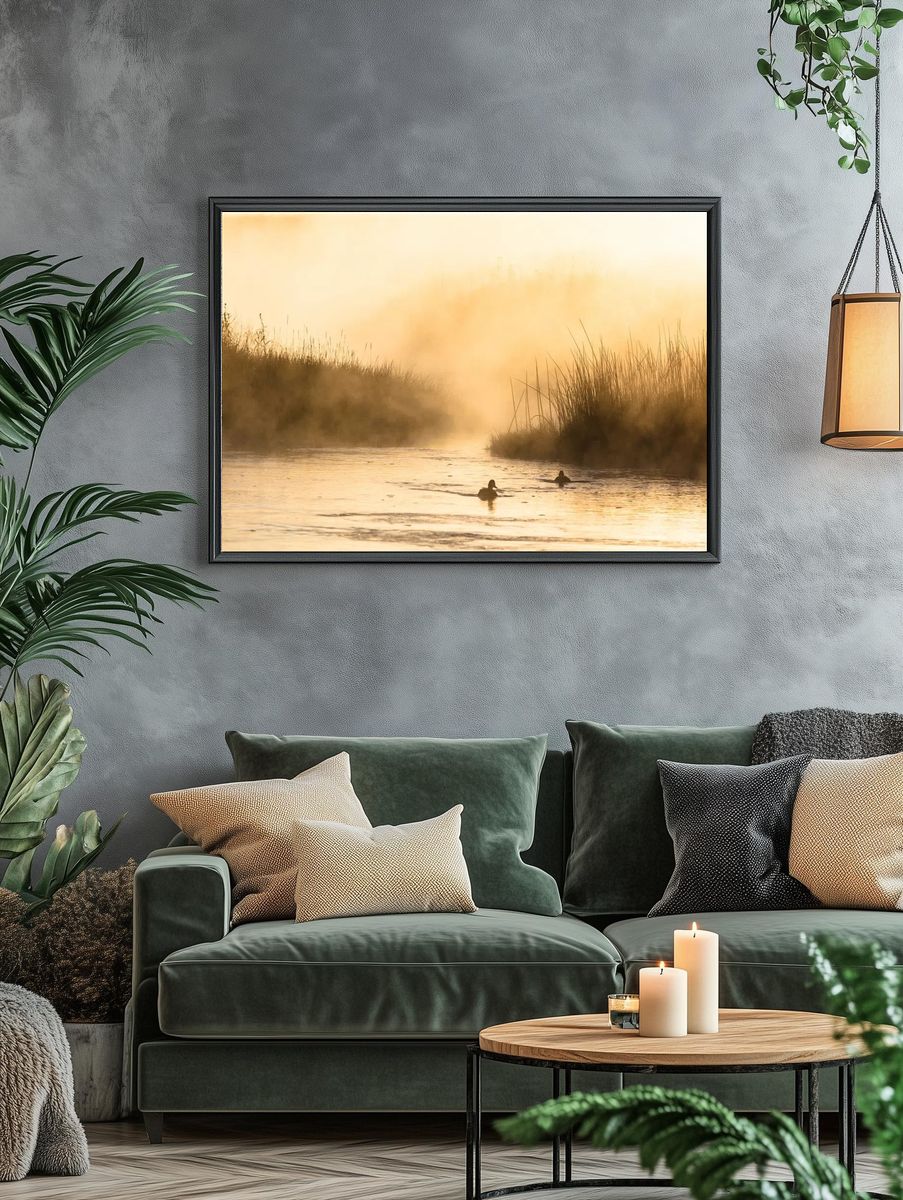 Ducks in Misty Morning Water — Nature Poster. — room view 4