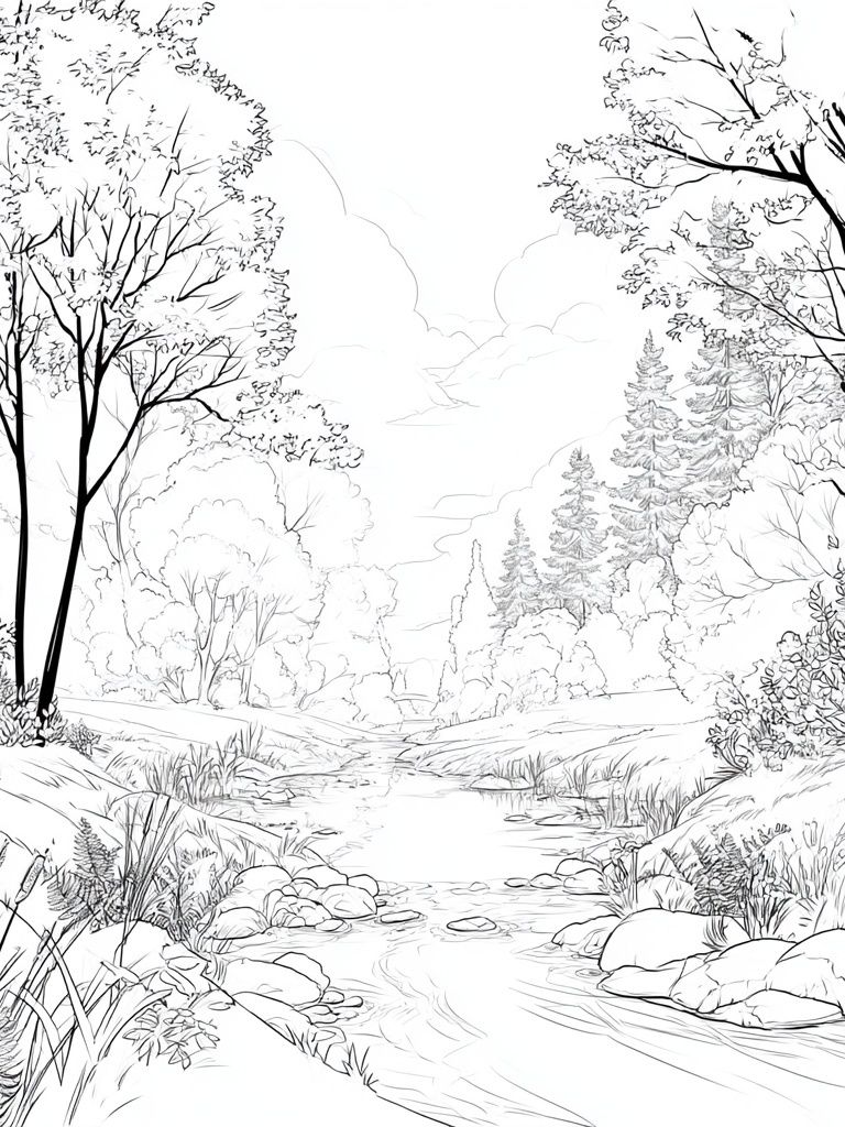 Serene Forest Stream Illustration Poster. poster — nature art
