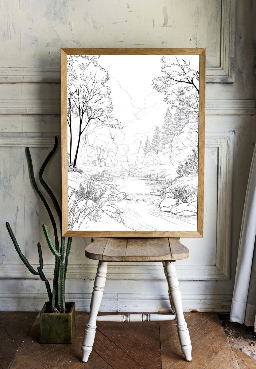 Serene Forest Stream Illustration Poster. room preview