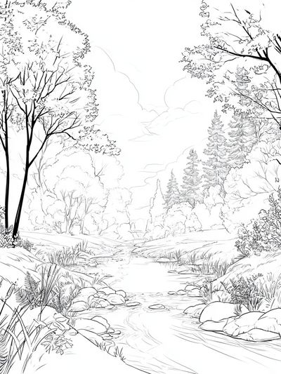 Serene Forest Stream Illustration Poster.