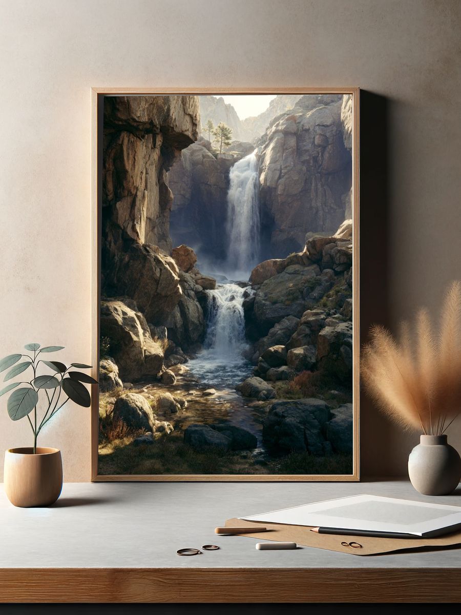 Mountain Waterfall Landscape Poster. — room view 2