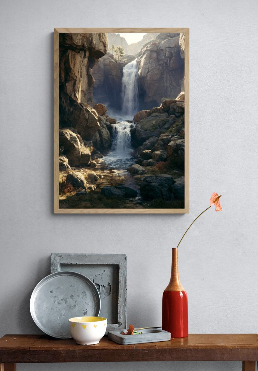 Mountain Waterfall Landscape Poster. — room view 3