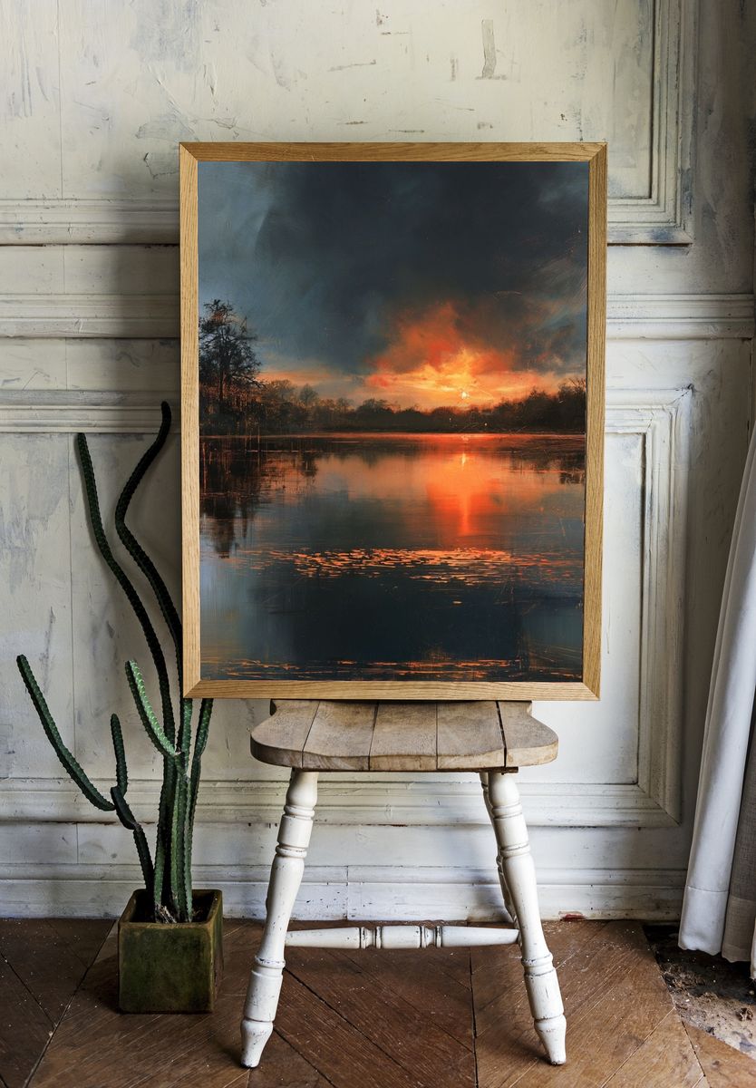Fiery Lake Sunset Nature Print. room preview