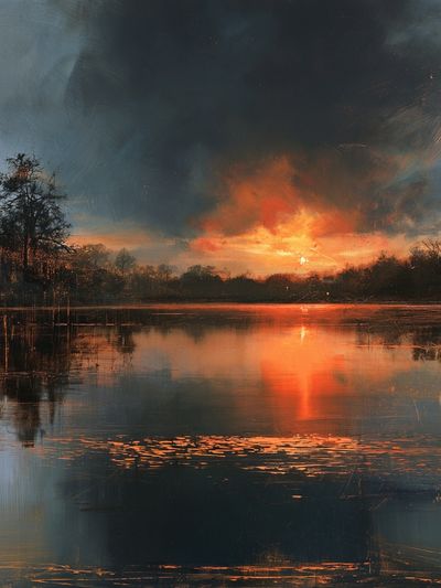 Fiery Lake Sunset Nature Print. poster