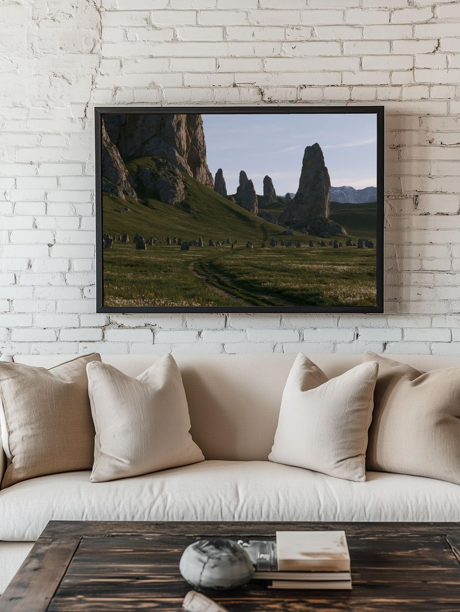 Misty Stone Spires Landscape Print. room preview