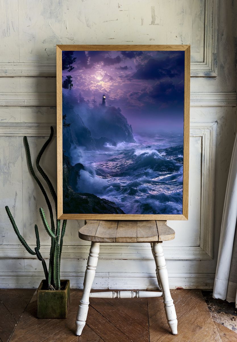Moonlit Lighthouse Coast Poster. room preview