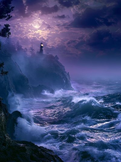 Moonlit Lighthouse Coast Poster.