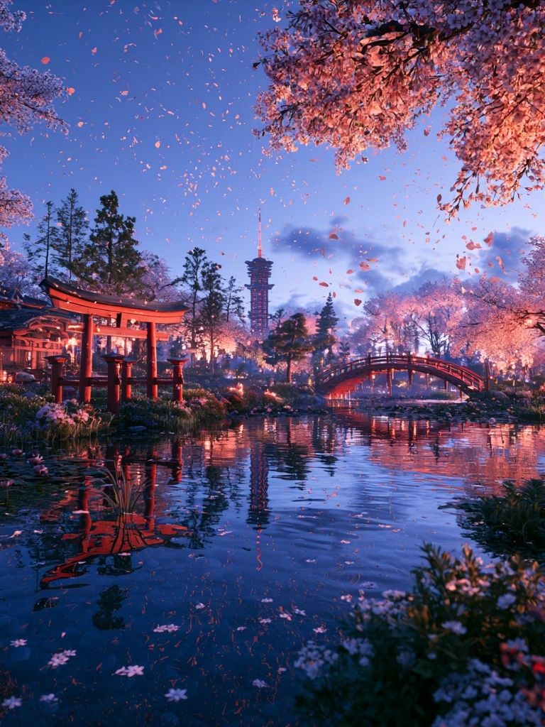 Cherry Blossom Japanese Garden Print. poster — nature art